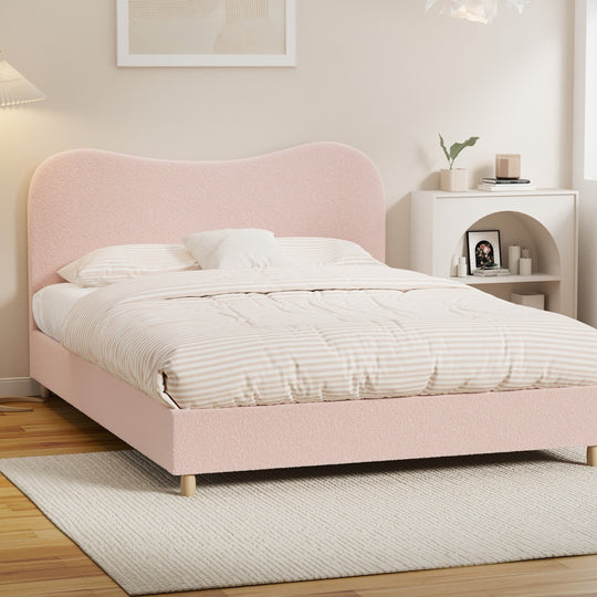 Chic Pink Boucle Bed Frame with Cloud-Shaped Headboard Queen