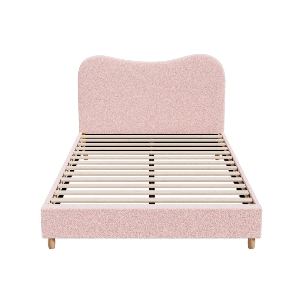Chic Pink Boucle Bed Frame with Cloud-Shaped Headboard Queen