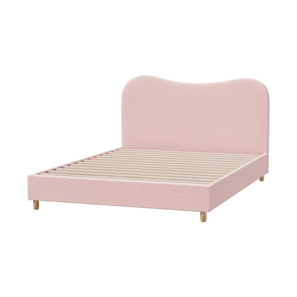 Chic Pink Boucle Bed Frame with Cloud-Shaped Headboard Queen