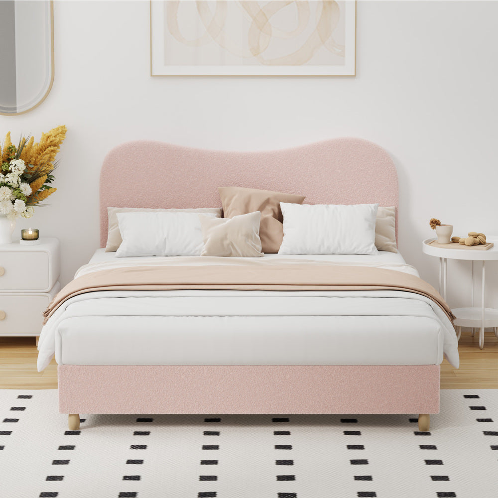 Chic Pink Boucle Bed Frame with Cloud-Shaped Headboard Queen