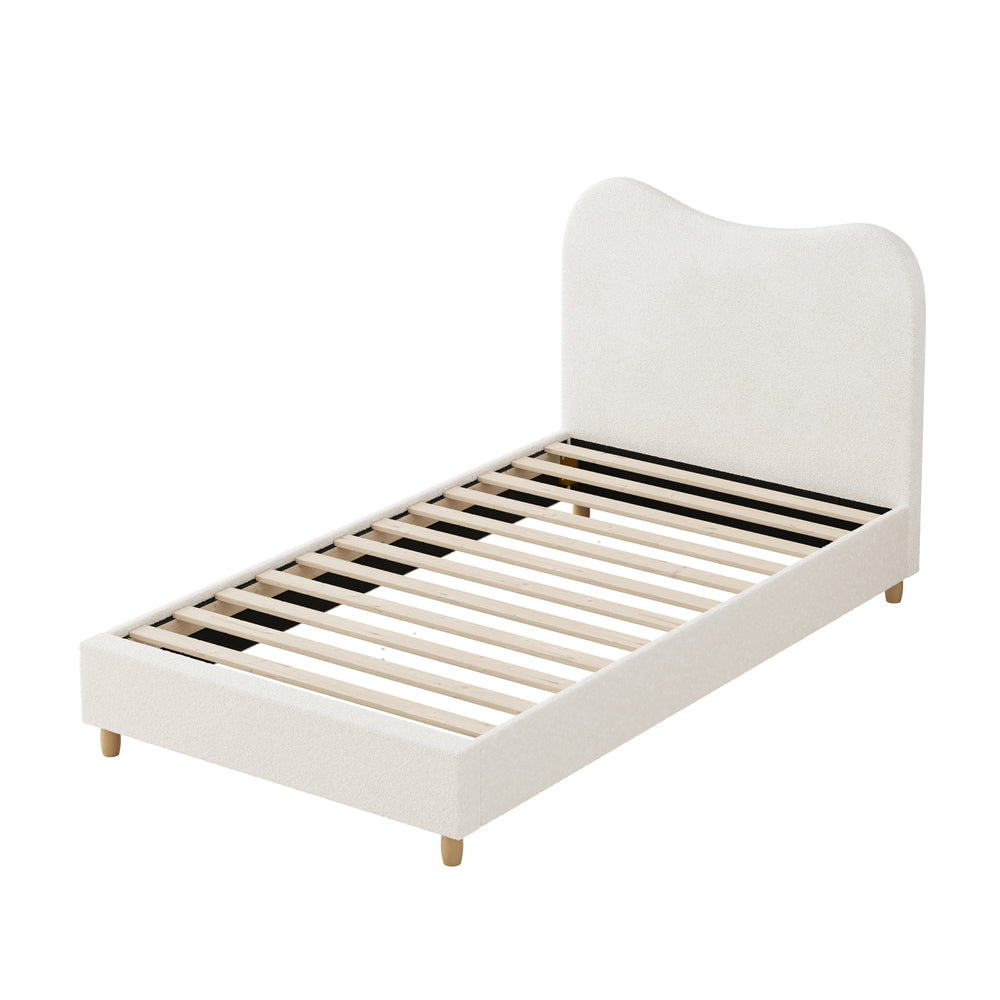 Contemporary White Boucle Bed Frame with Cloud-Shaped Headboard