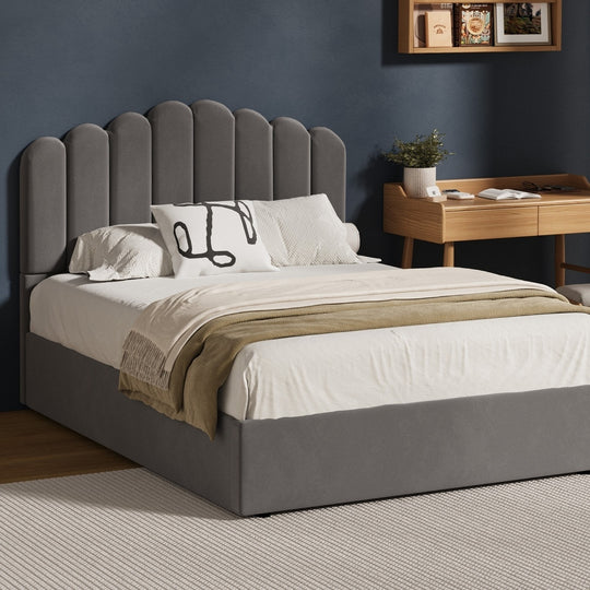 Modern Grey Velvet Bed Frame with Gas Lift Storage