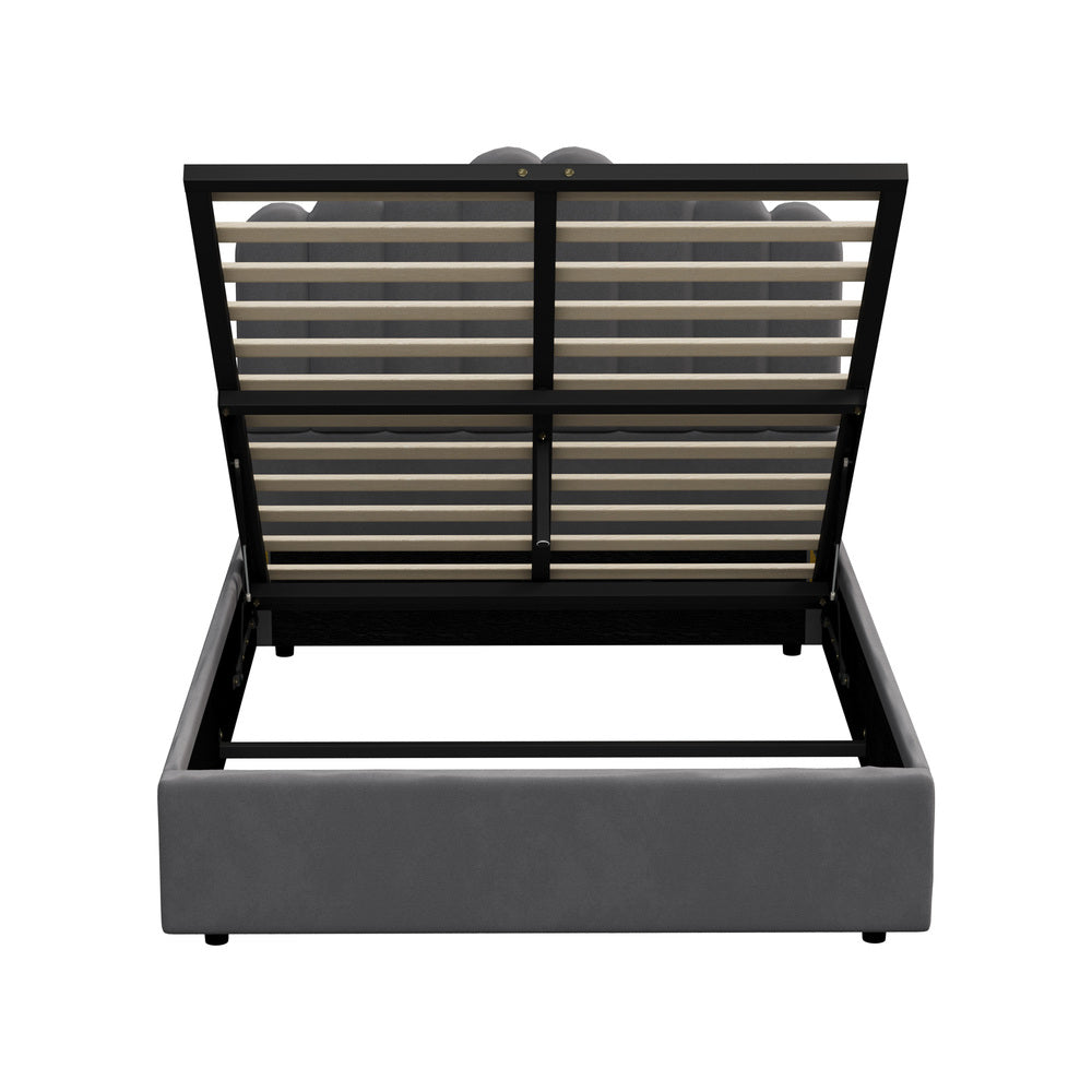 Modern Grey Velvet Bed Frame with Gas Lift Storage