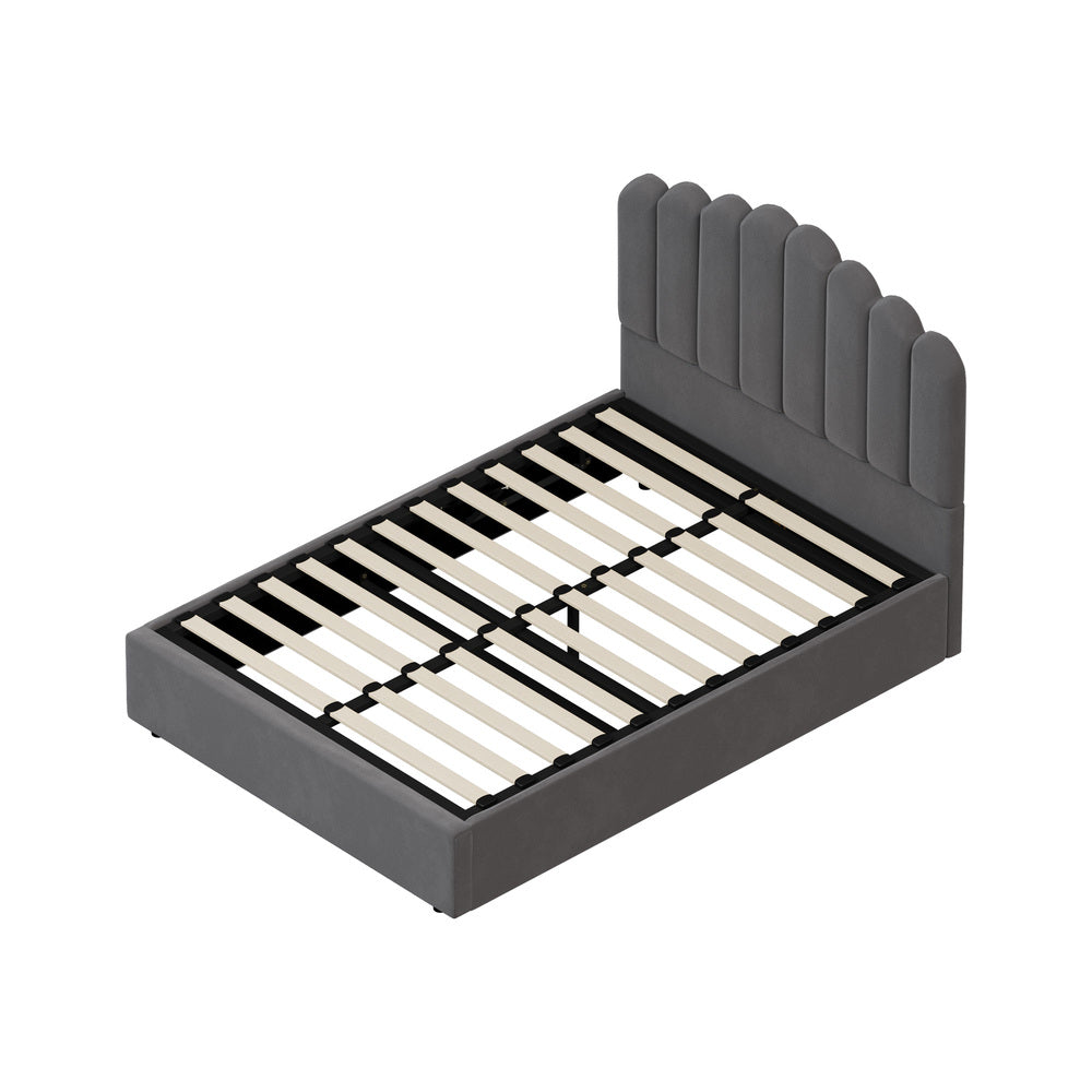 Modern Grey Velvet Bed Frame with Gas Lift Storage