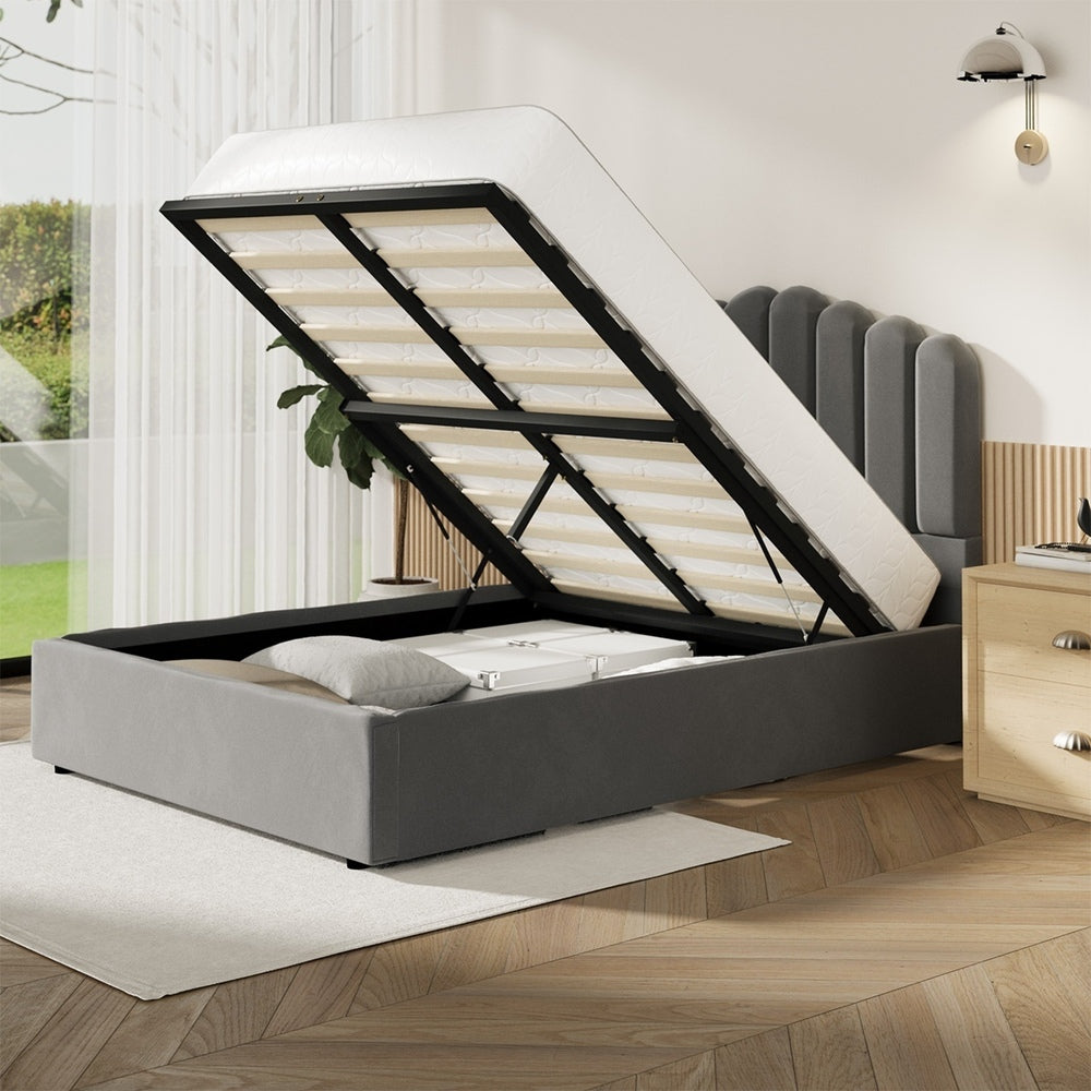 Modern Grey Velvet Bed Frame with Gas Lift Storage
