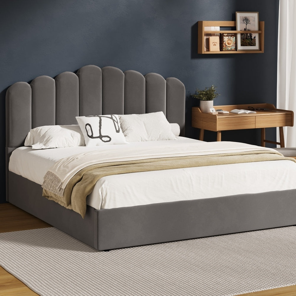 Modern Grey Velvet Bed Frame with Gas Lift Storage