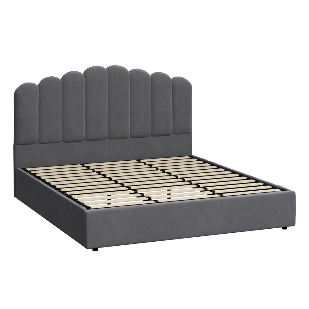 Modern Grey Velvet Bed Frame with Gas Lift Storage
