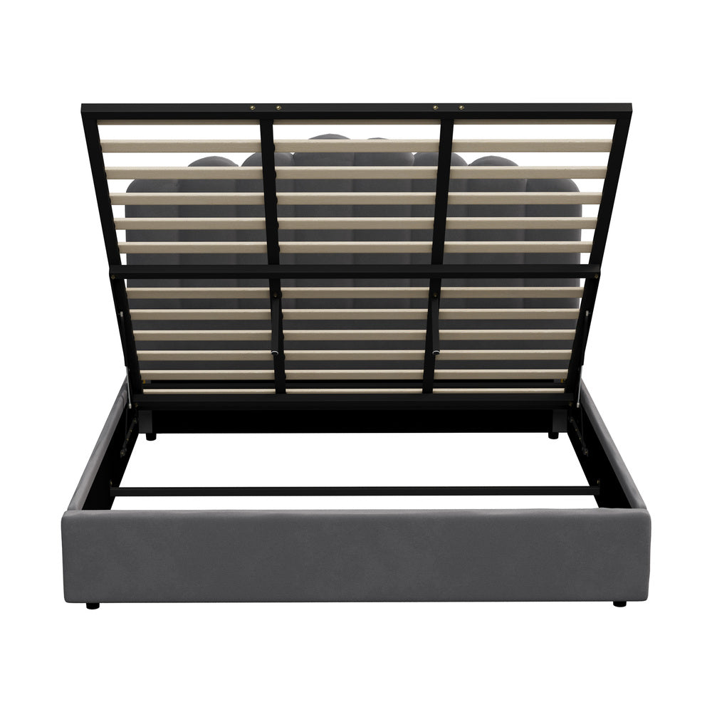 Modern Grey Velvet Bed Frame with Gas Lift Storage