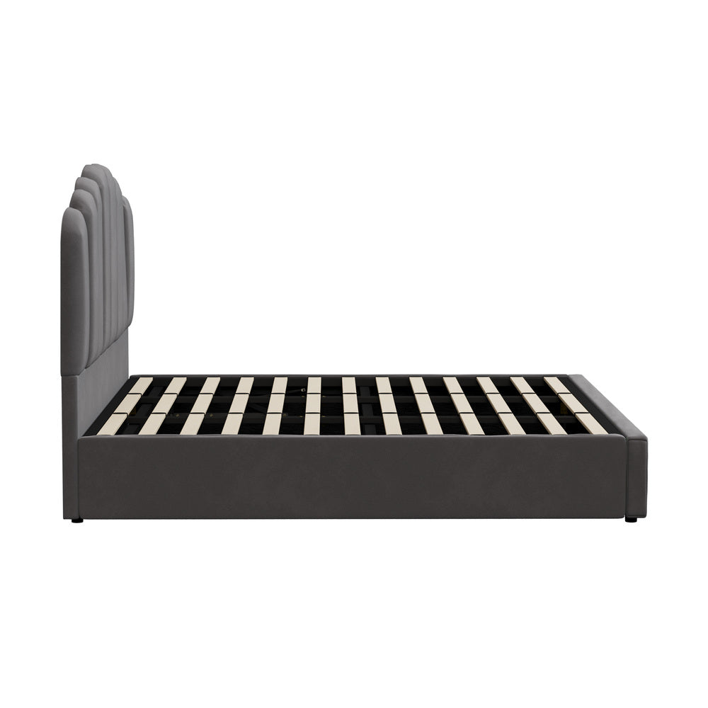 Modern Grey Velvet Bed Frame with Gas Lift Storage