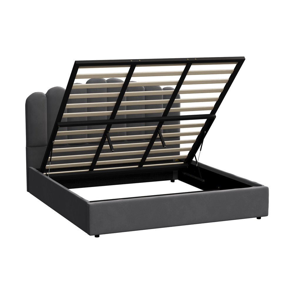 Modern Grey Velvet Bed Frame with Gas Lift Storage