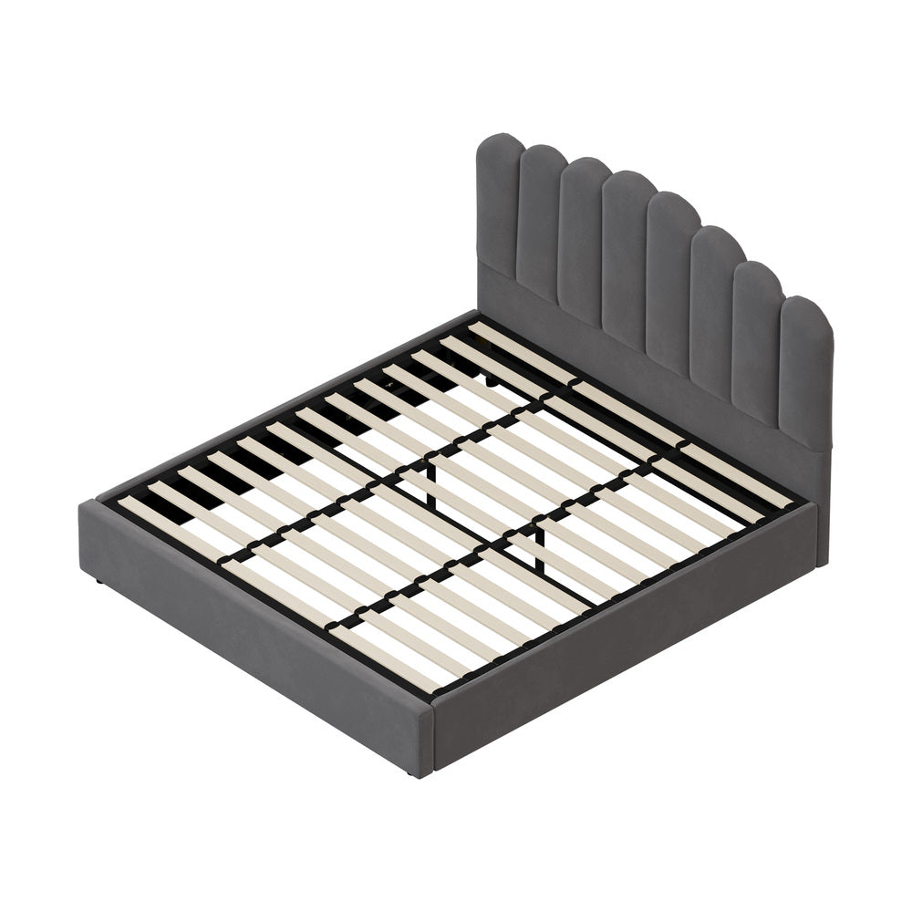 Modern Grey Velvet Bed Frame with Gas Lift Storage