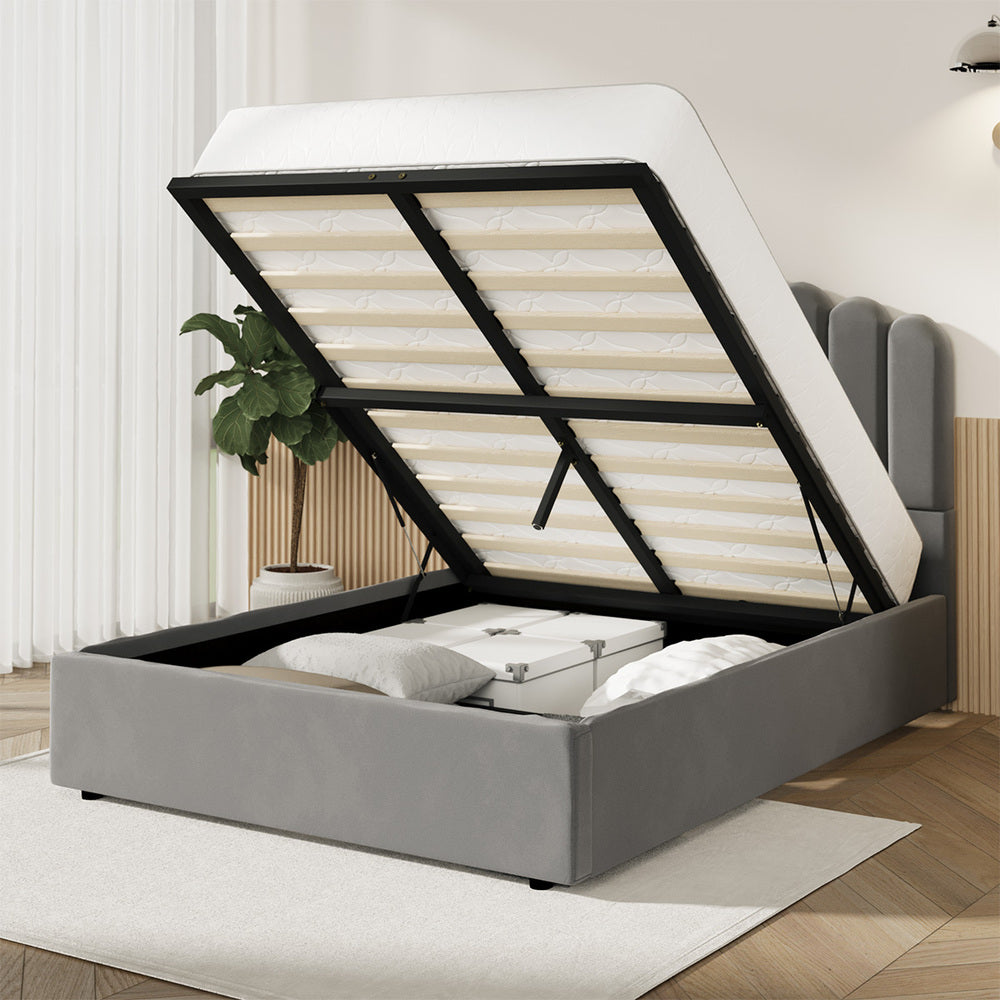 Modern Grey Velvet Bed Frame with Gas Lift Storage