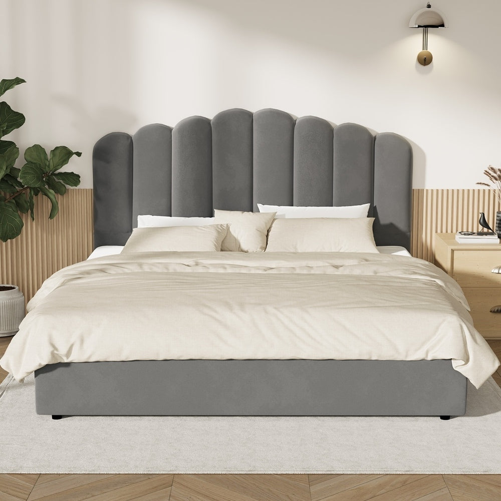 Modern Grey Velvet Bed Frame with Gas Lift Storage