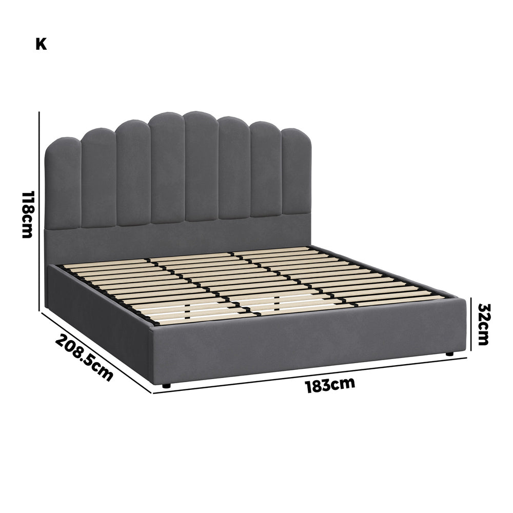 Modern Grey Velvet Bed Frame with Gas Lift Storage
