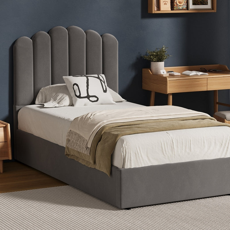 Modern Grey Velvet Bed Frame with Gas Lift Storage - Velvet finish