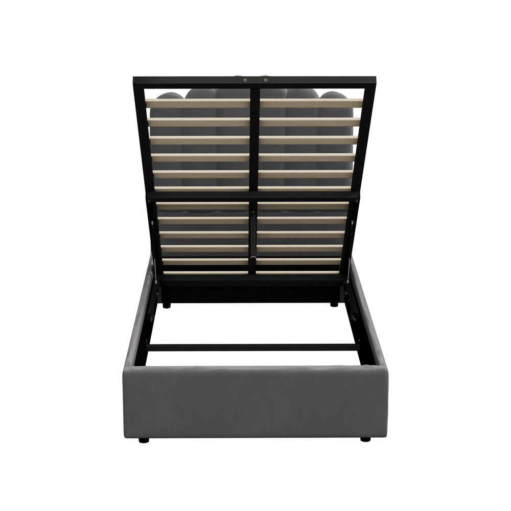 Modern Grey Velvet Bed Frame with Gas Lift Storage