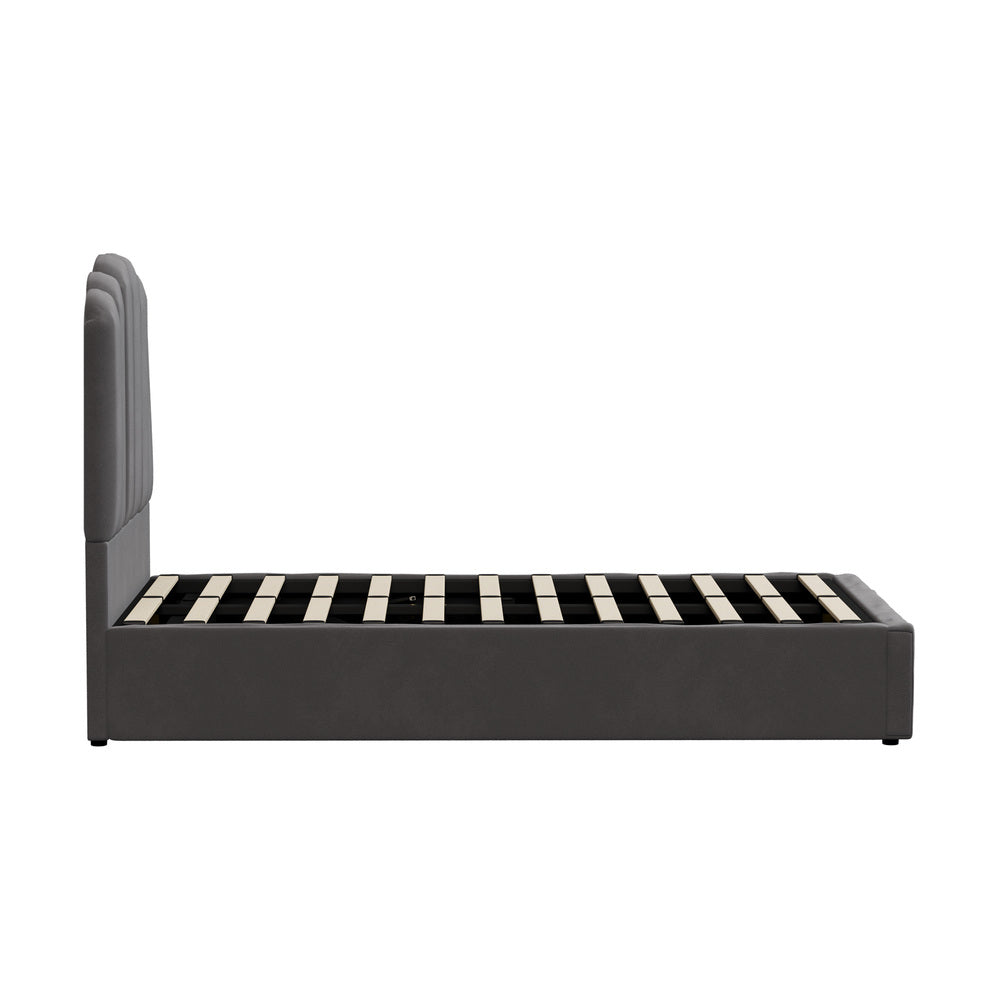 Modern Grey Velvet Bed Frame with Gas Lift Storage