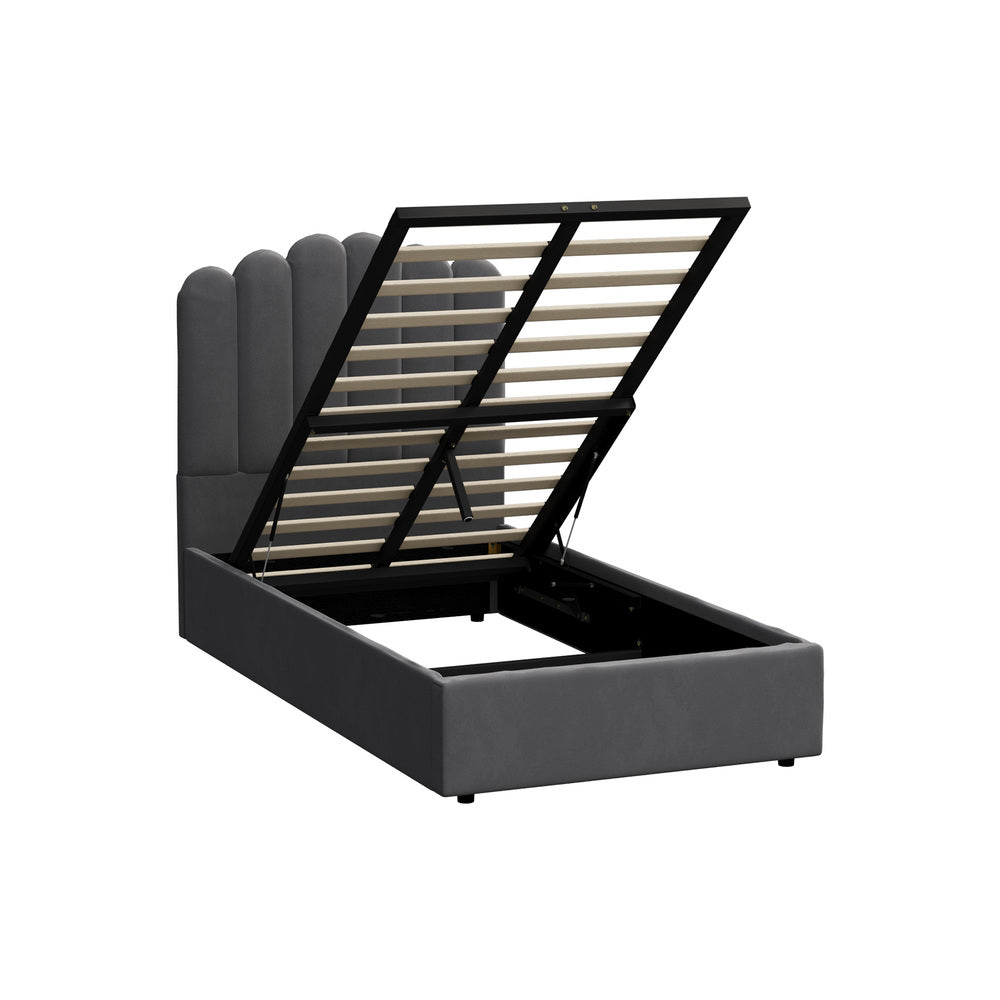 Modern Grey Velvet Bed Frame with Gas Lift Storage