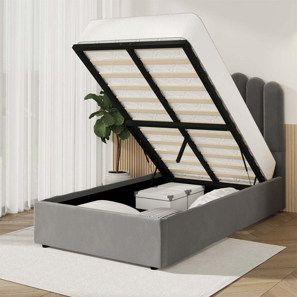 Modern Grey Velvet Bed Frame with Gas Lift Storage