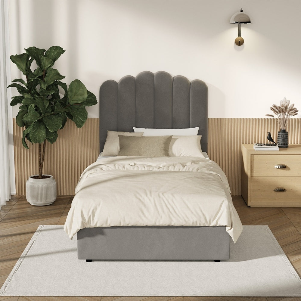 Modern Grey Velvet Bed Frame with Gas Lift Storage