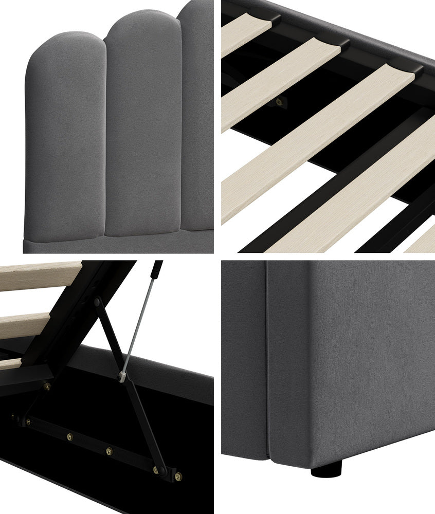 Modern Grey Velvet Bed Frame with Gas Lift Storage
