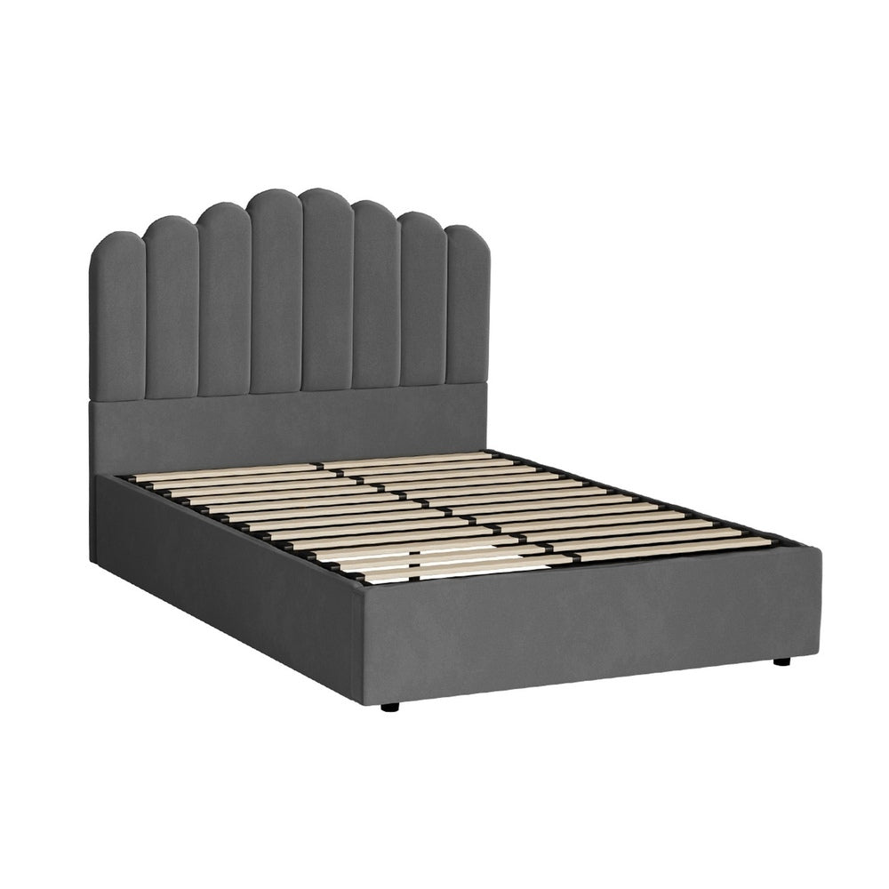 Modern Grey Velvet Bed Frame with Gas Lift Storage