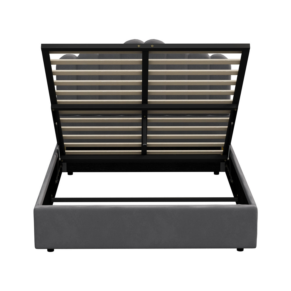 Modern Grey Velvet Bed Frame with Gas Lift Storage