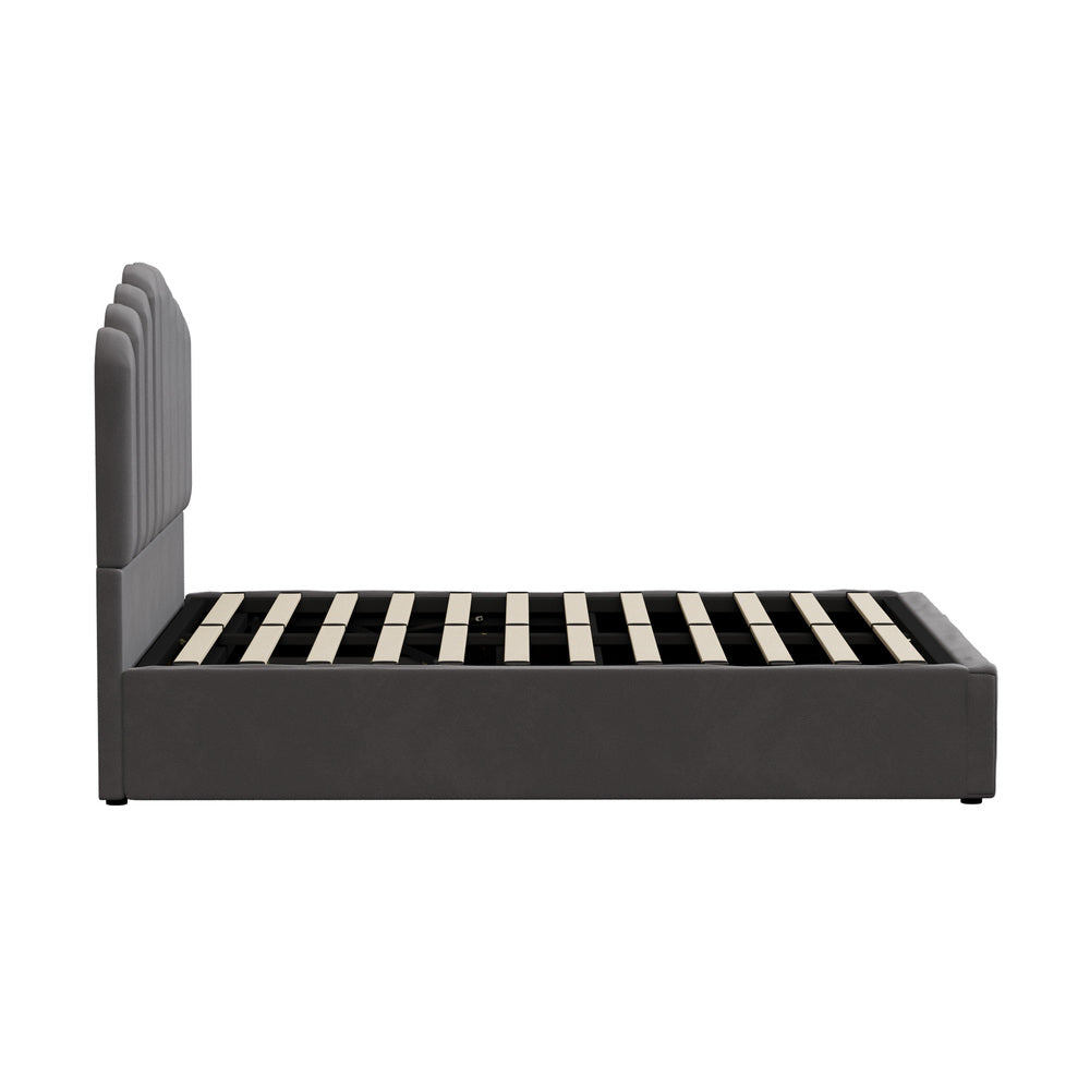 Modern Grey Velvet Bed Frame with Gas Lift Storage