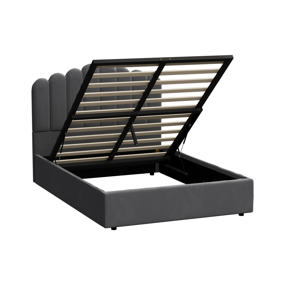 Modern Grey Velvet Bed Frame with Gas Lift Storage