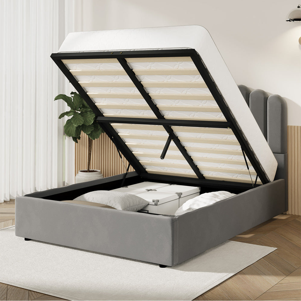 Modern Grey Velvet Bed Frame with Gas Lift Storage