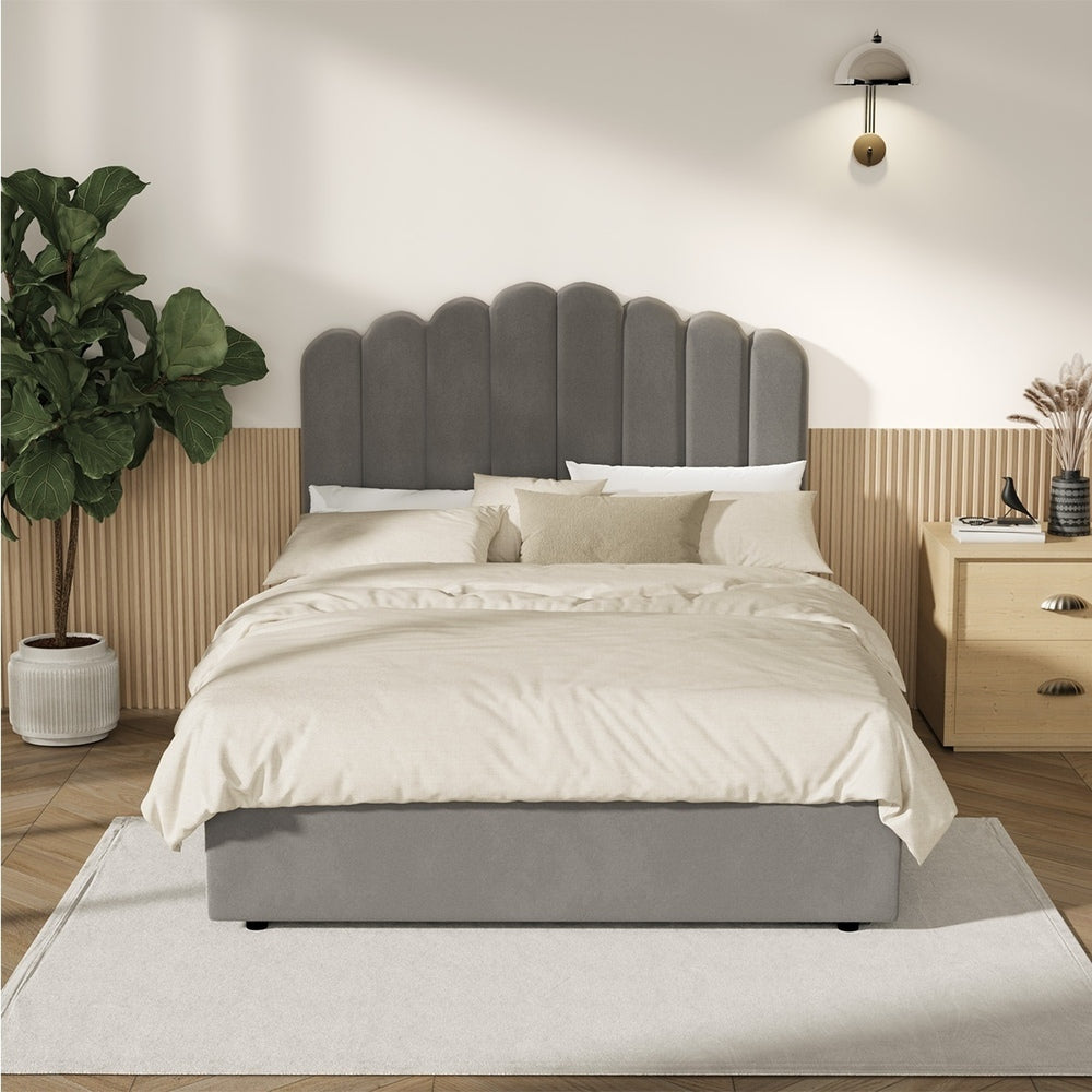 Modern Grey Velvet Bed Frame with Gas Lift Storage