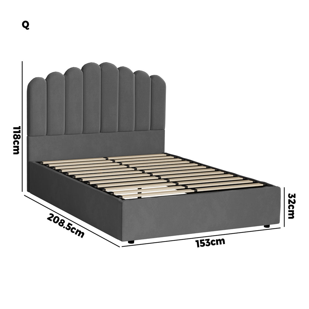 Modern Grey Velvet Bed Frame with Gas Lift Storage