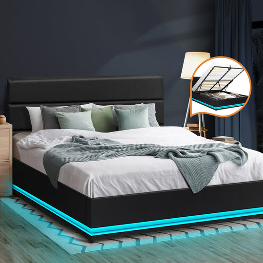 Modern Black Gas Lift Bed Frame with RGB Storage Space