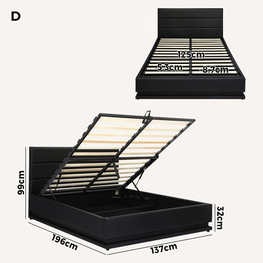 Modern Black Gas Lift Bed Frame with RGB Storage Space Double