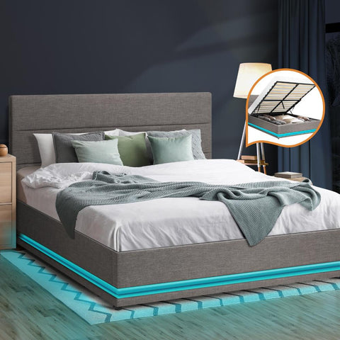 Bed Frame Double Bed Frame LED Mattress Base with Gas Lift Grey