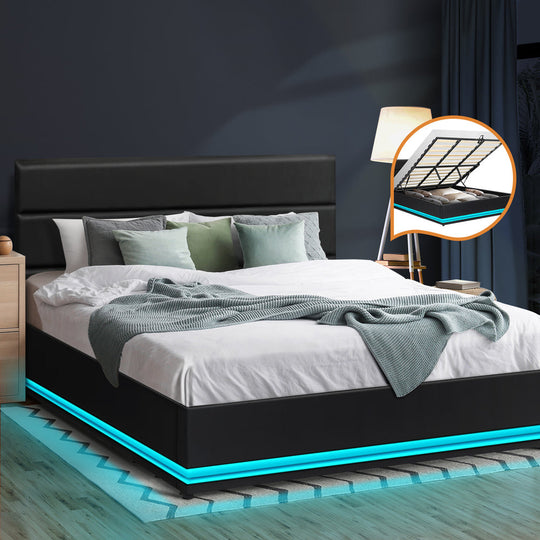 Sleek Black Gas Lift Bed Frame with RGB Storage Features