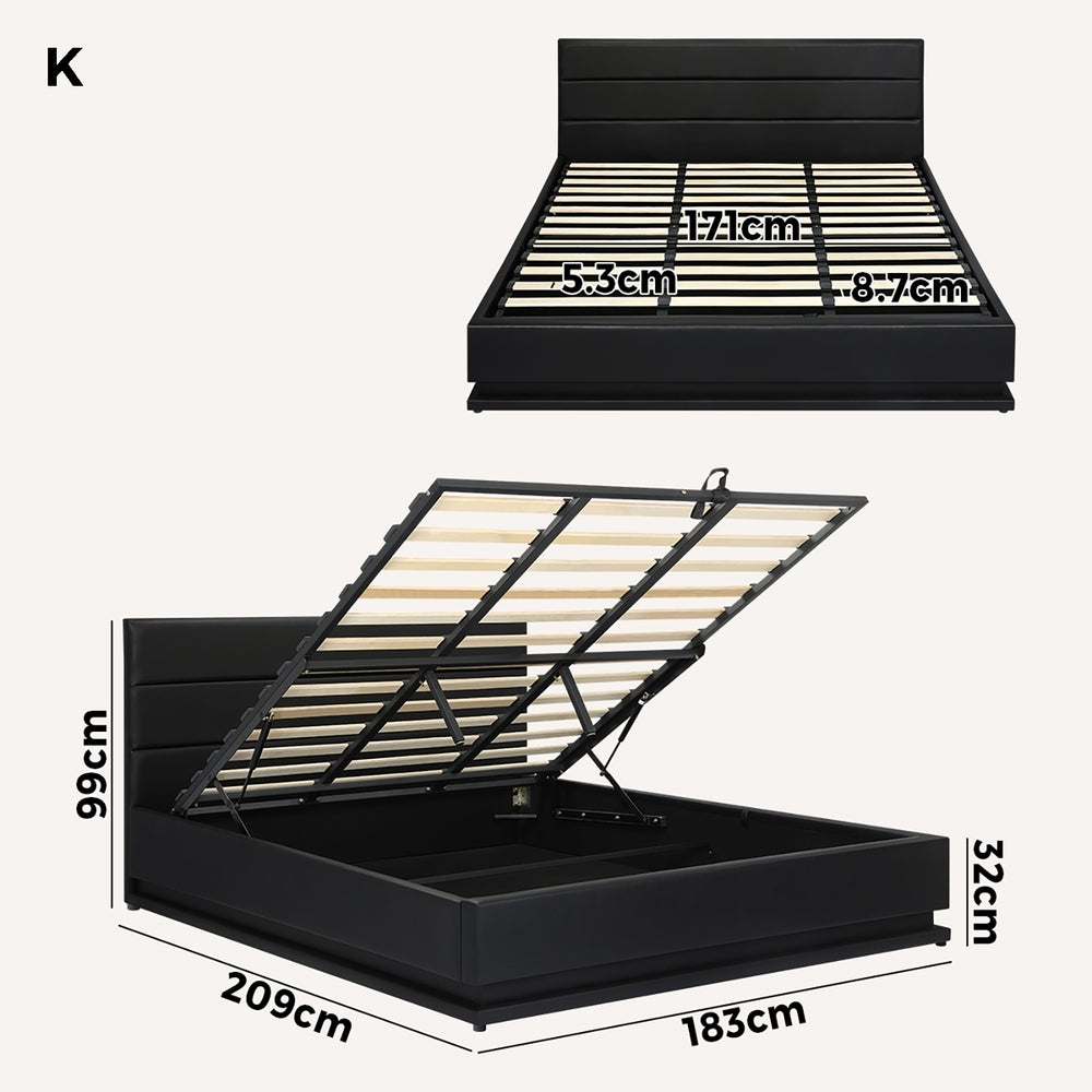 Sleek Black Gas Lift Bed Frame with RGB Storage Features King Size