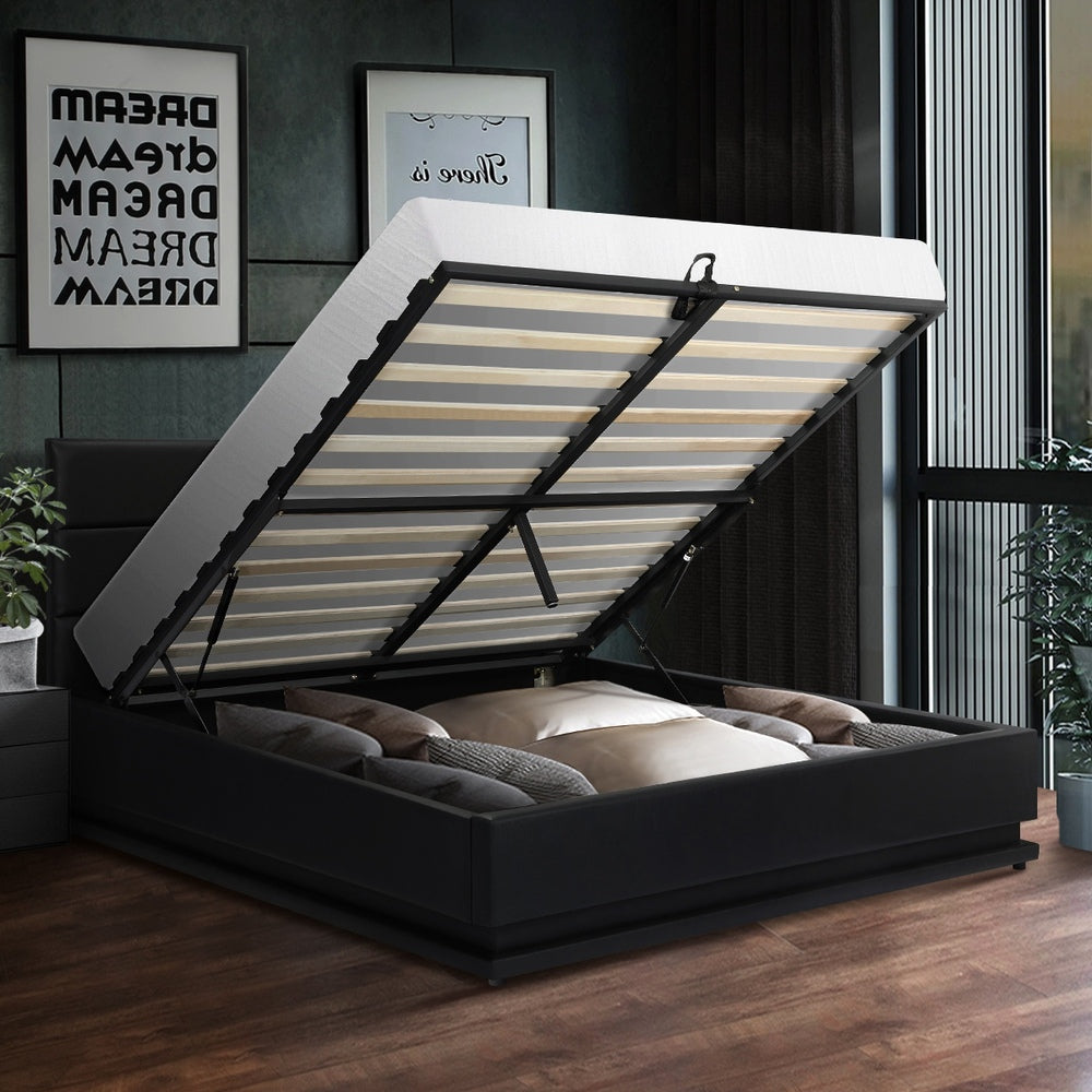 Futuristic Black Gas Lift Bed Frame with RGB Storage Space Queen