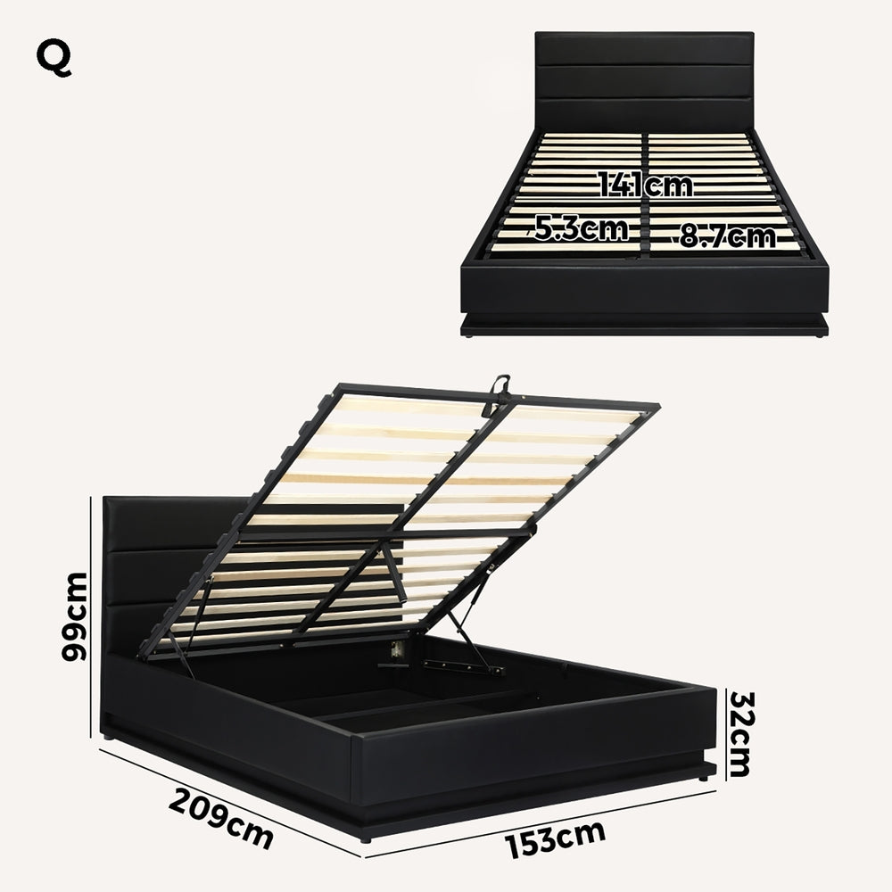 Futuristic Black Gas Lift Bed Frame with RGB Storage Space Queen