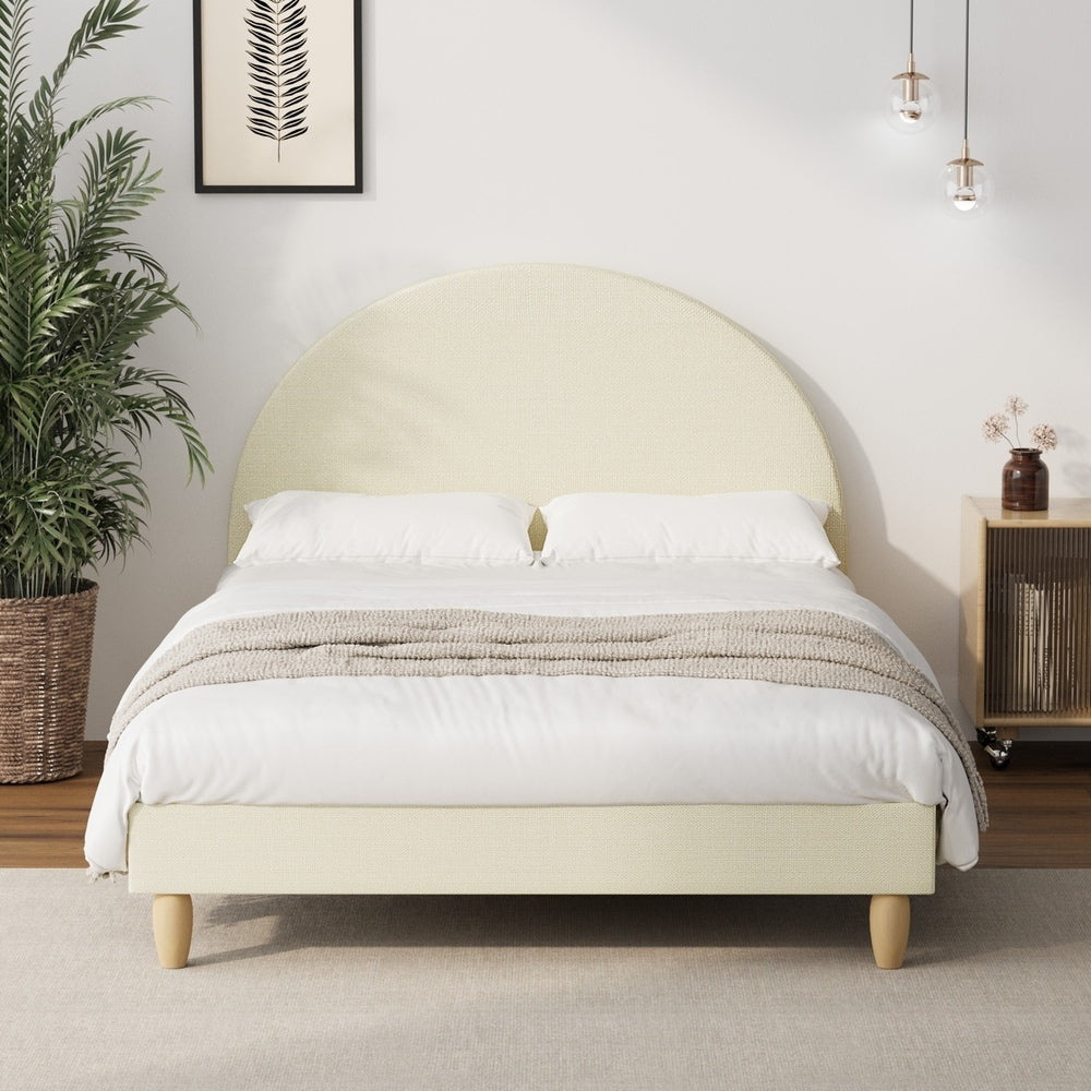 Chic Beige Fabric Bed Frame with Arched Bedhead Double