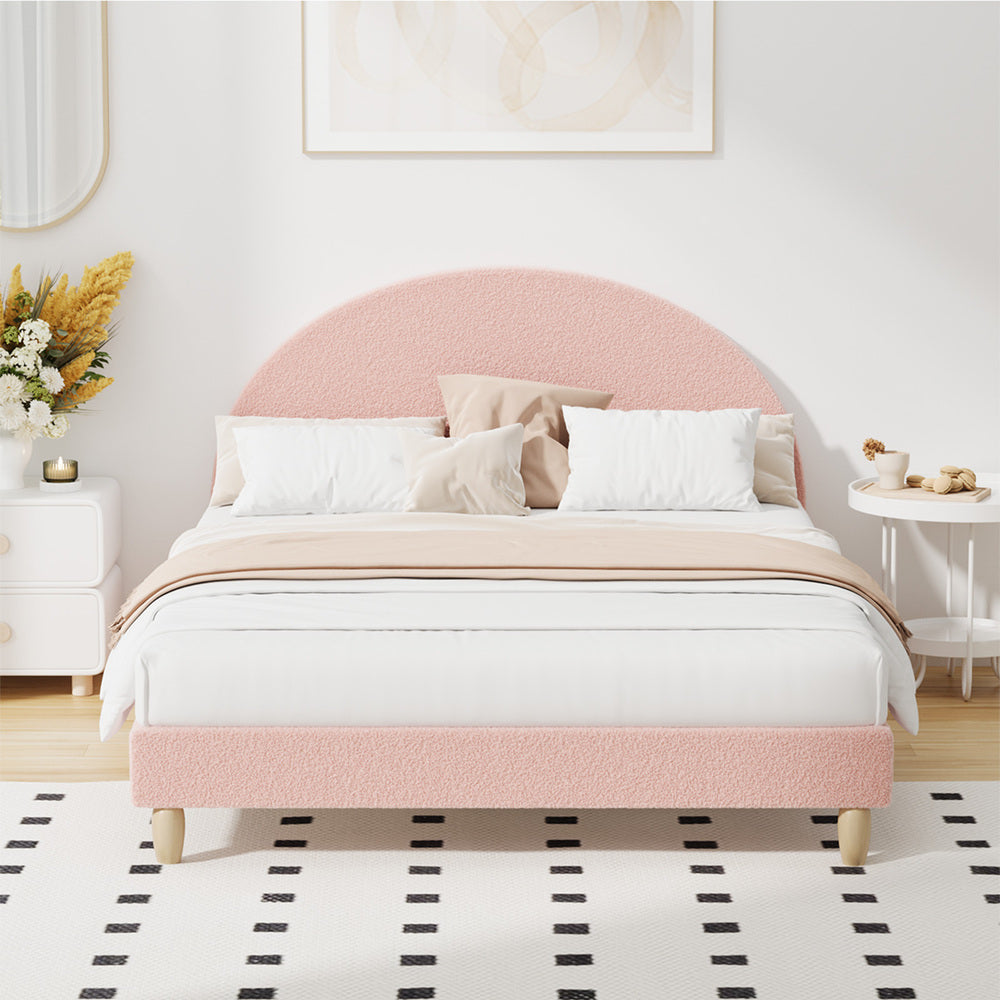 Double/King Single/Single Bed Frame With Arched Bedhead Pink Boucle Upholstered Platform