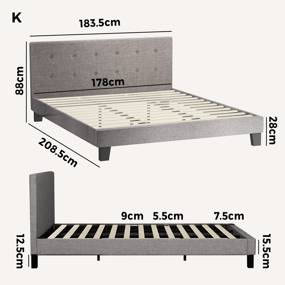 Contemporary Grey Fabric Wooden Bed Frame with Sturdy Design King