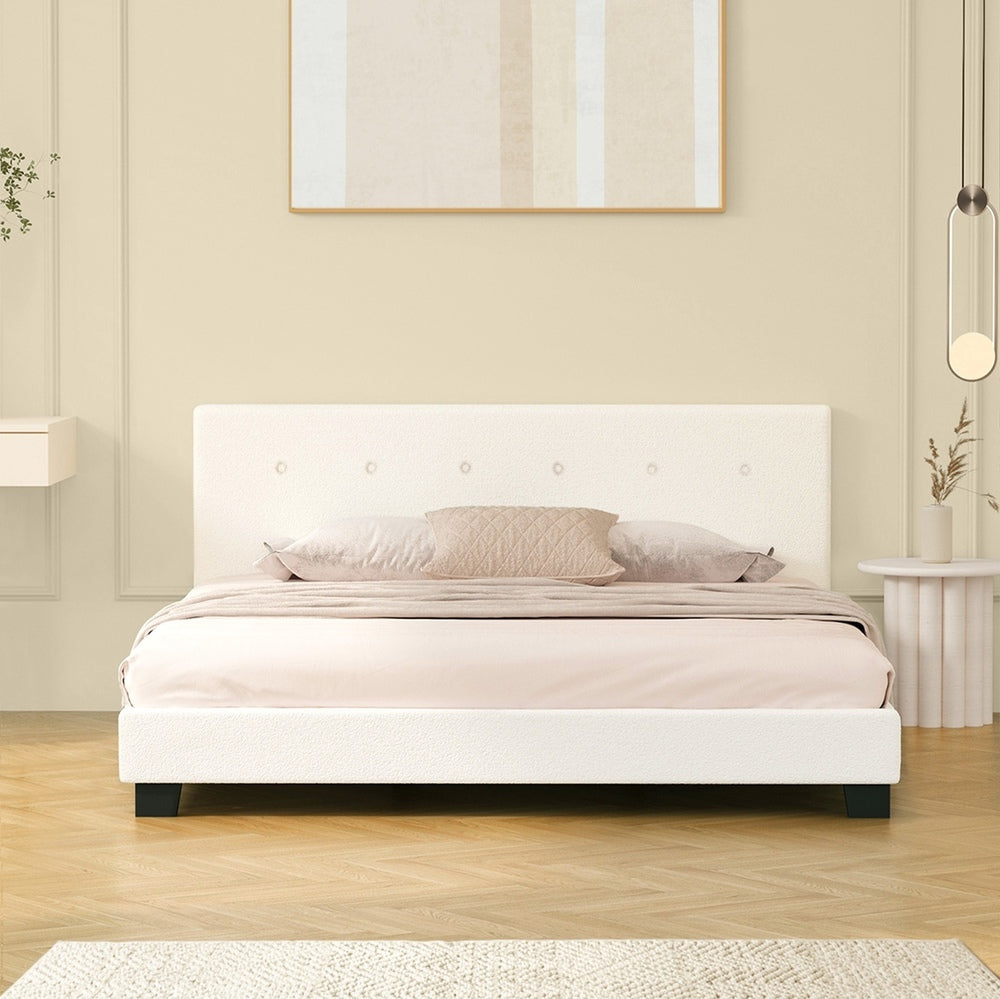 Elegant White Boucle Upholstered Bed Frame with Sleek Design King