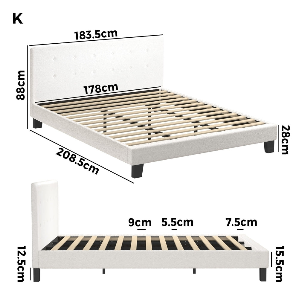 Elegant White Boucle Upholstered Bed Frame with Sleek Design King