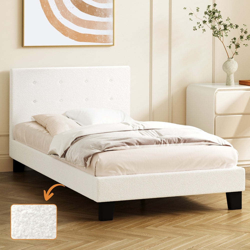 Chic White Boucle Upholstered Bed Frame with Modern Features King Single