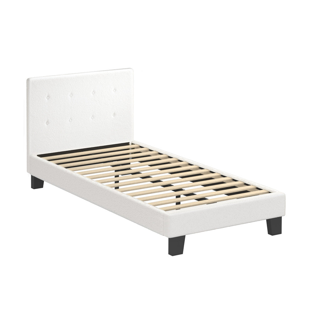 Chic White Boucle Upholstered Bed Frame with Modern Features King Single