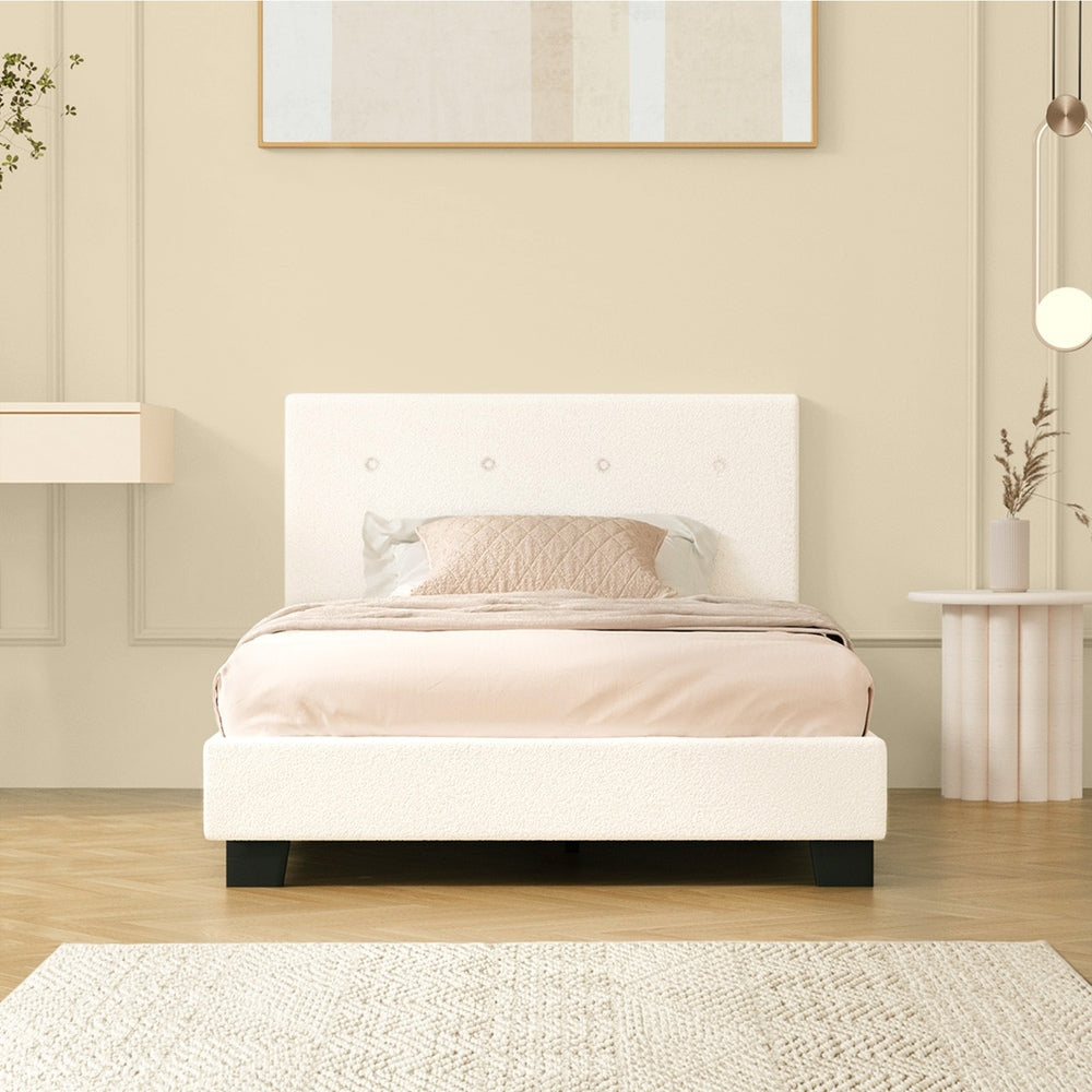 Chic White Boucle Upholstered Bed Frame with Modern Features King Single