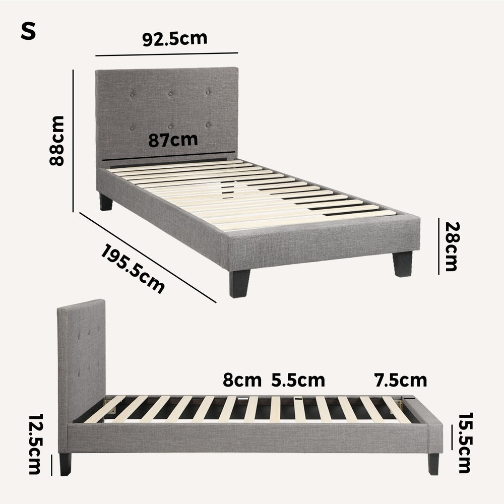 Grey/White Fabric Wooden Bed Frame with Durable Construction