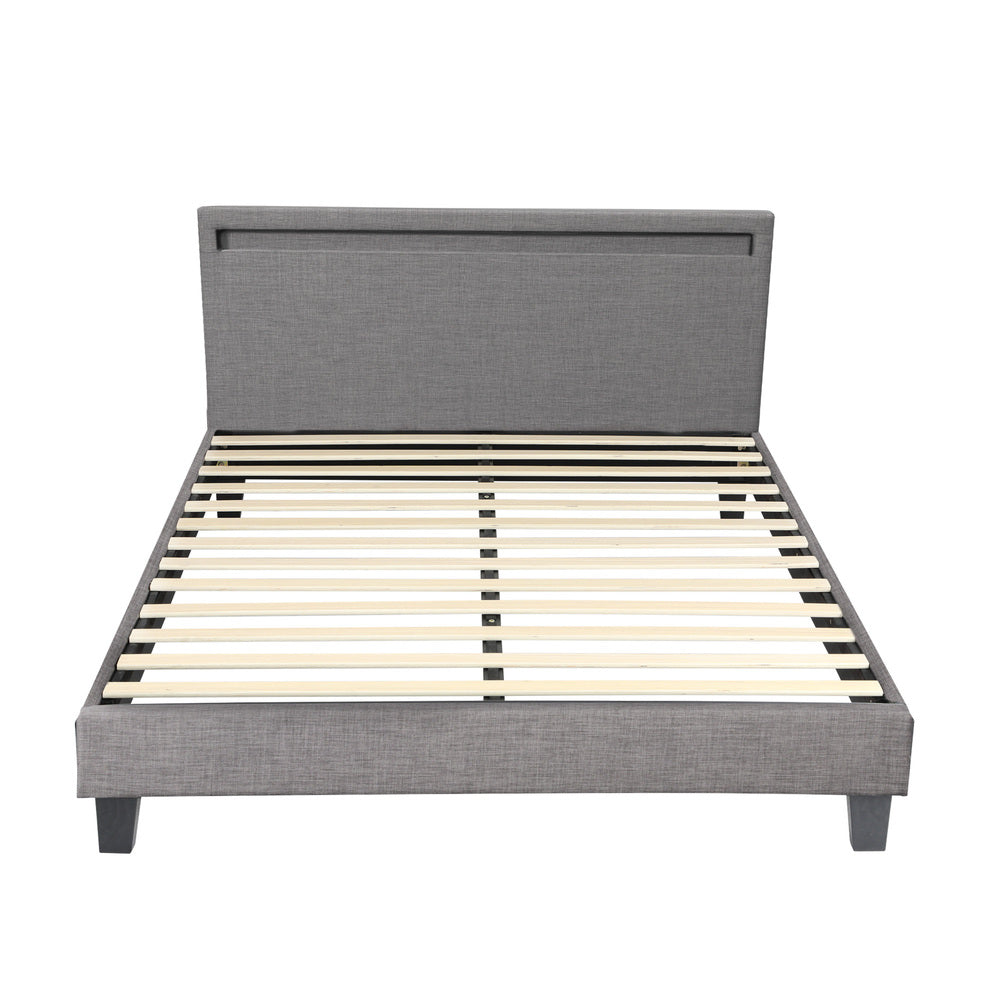 Grey Fabric Wooden Bed Frame with RGB LED Lighting and Modern Features Double