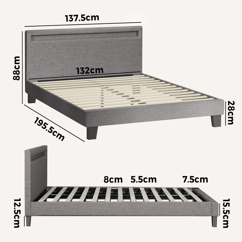 Grey Fabric Wooden Bed Frame with RGB LED Lighting and Modern Features Double
